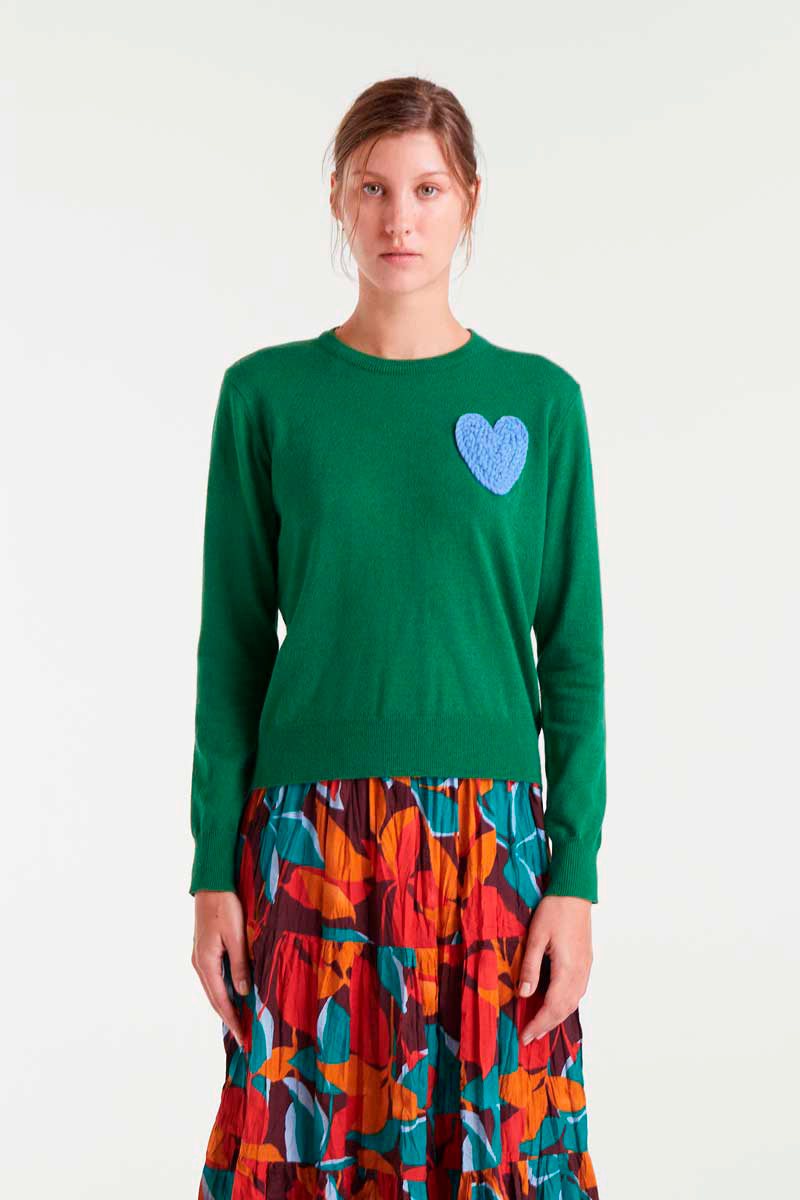 JERSEY DE PUNTO VERDE CON PRINT DE CORAZÓN
