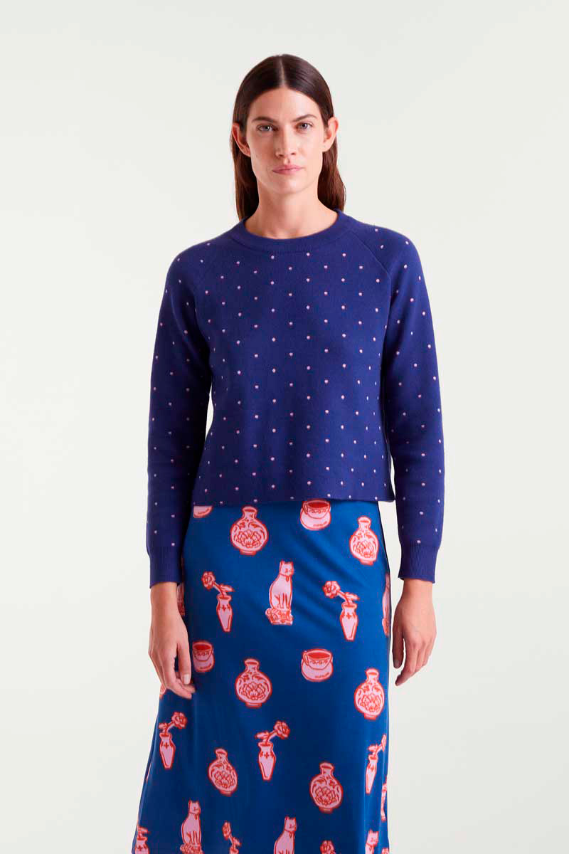 JERSEY PUNTO JACQUARD ESTAMPADO TOPOS MINI NAVY BLUE Y ROSA